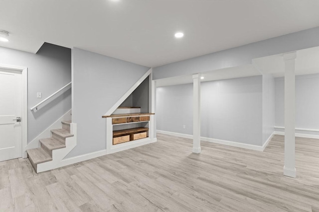 751 Sharps Lot Rd, Swansea, MA 02777 - finished basement featuring wood finished floors, stairway, and recessed lighting