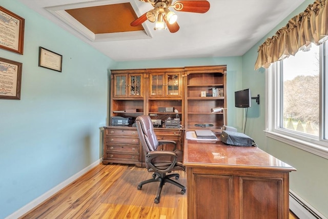 office area featuring a ceiling fan, baseboards, light wood-style flooring, and a baseboard radiator