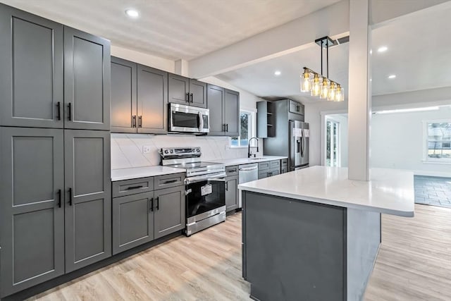 kitchen featuring pendant lighting, sink, gray cabinets, tasteful backsplash, and stainless steel appliances