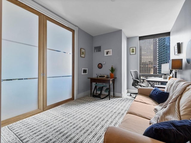 living room featuring a wall of windows and baseboards