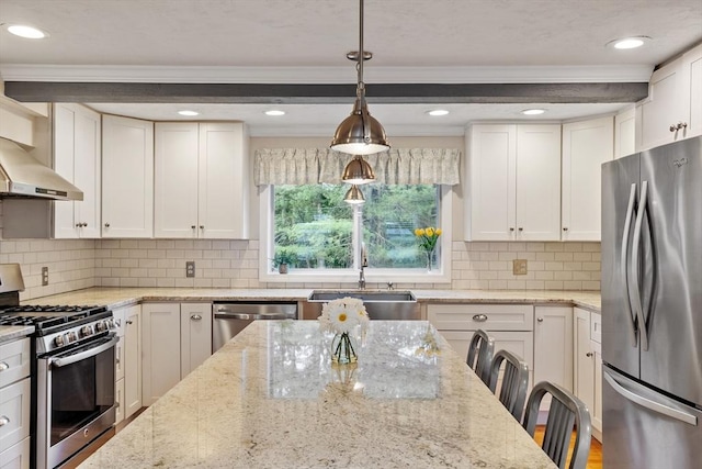 558 Amesbury Rd, Haverhill, MA 01830 - kitchen featuring stainless steel appliances, ornamental molding, white cabinets, pendant lighting, and light stone counters