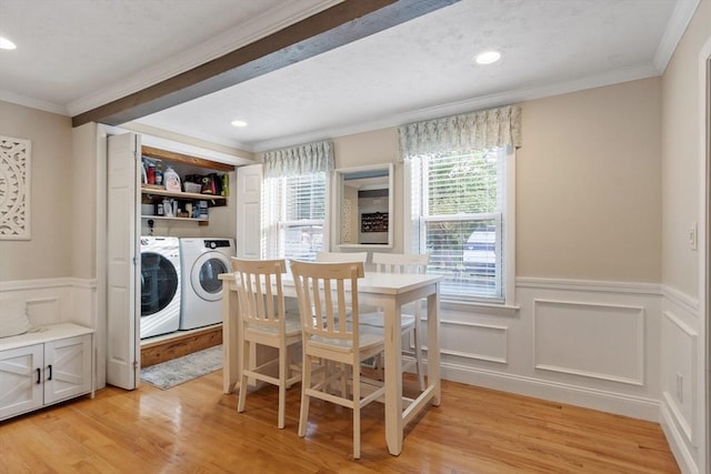 558 Amesbury Rd, Haverhill, MA 01830 - dining space with washing machine and clothes dryer, crown molding, light wood-type flooring, wainscoting, and recessed lighting