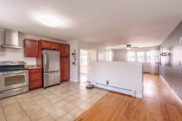 kitchen with wall chimney range hood, a ceiling fan, baseboards, a baseboard radiator, and appliances with stainless steel finishes