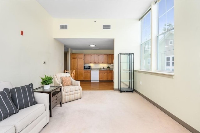 living room with light carpet