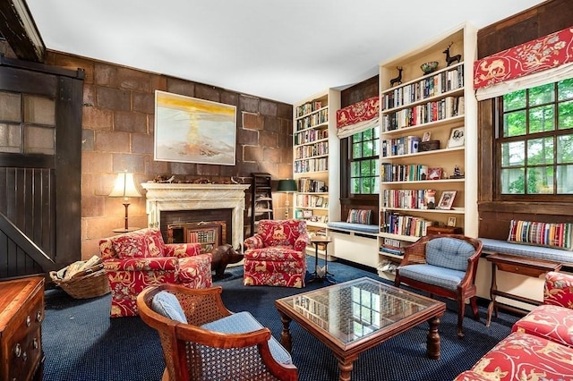 4 Dexter Ln, Manchester, MA 01944 - sitting room featuring carpet flooring, healthy amount of natural light, and a fireplace