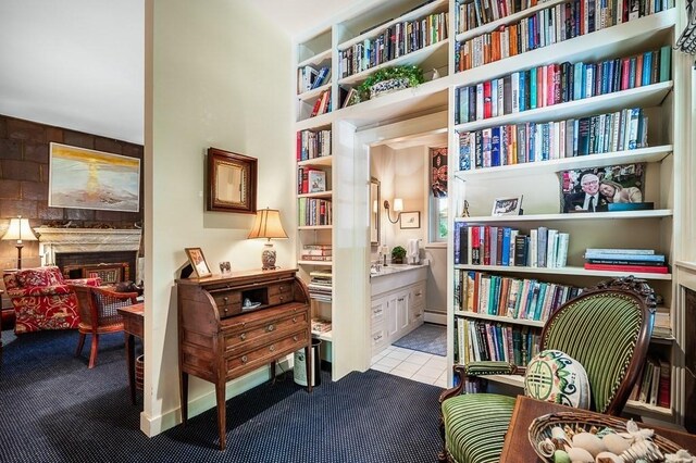 4 Dexter Ln, Manchester, MA 01944 - sitting room featuring carpet flooring, a fireplace, and tile patterned flooring