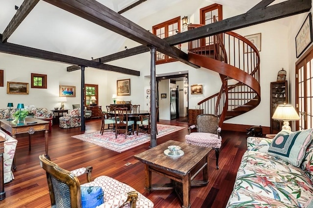 4 Dexter Ln, Manchester, MA 01944 - living room featuring stairs, wood finished floors, beam ceiling, high vaulted ceiling, and decorative columns