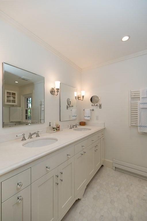 4 Dexter Ln, Manchester, MA 01944 - full bathroom with ornamental molding, double vanity, tile patterned floors, recessed lighting, and baseboards
