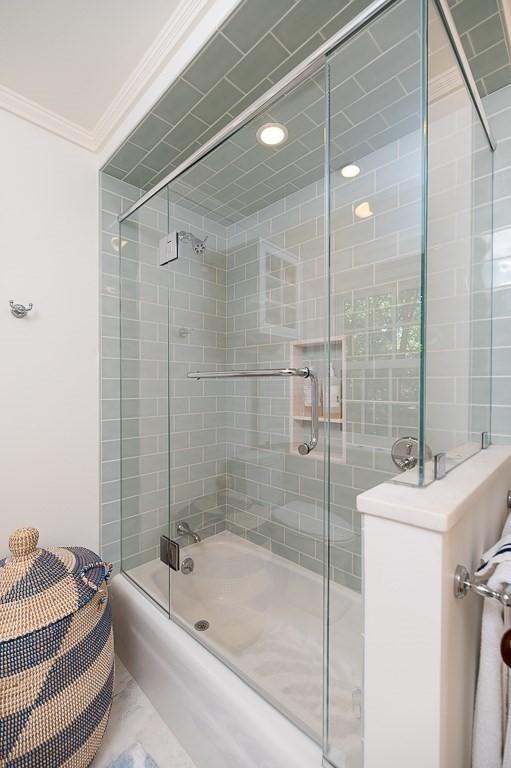 4 Dexter Ln, Manchester, MA 01944 - bathroom with crown molding and shower / bath combination with glass door