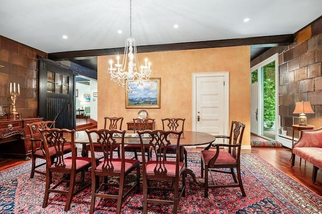 4 Dexter Ln, Manchester, MA 01944 - dining area featuring wood finished floors, beam ceiling, a chandelier, and recessed lighting