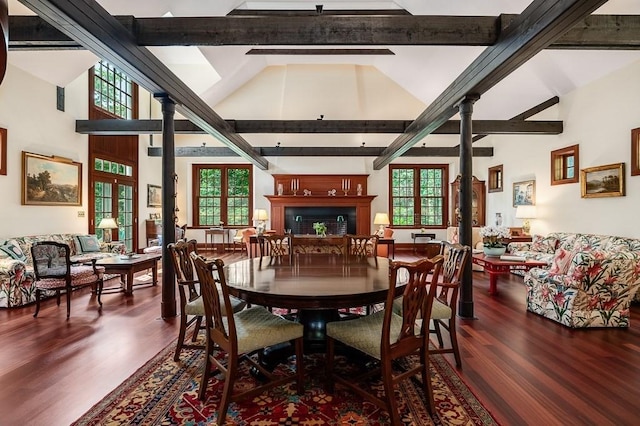 4 Dexter Ln, Manchester, MA 01944 - dining room featuring beamed ceiling, wood finished floors, healthy amount of natural light, high vaulted ceiling, and ornate columns