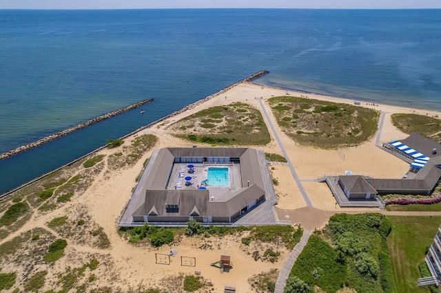 drone / aerial view with a view of the beach and a water view