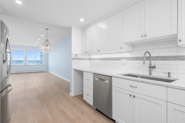 kitchen with appliances with stainless steel finishes, backsplash, sink, light hardwood / wood-style floors, and white cabinetry