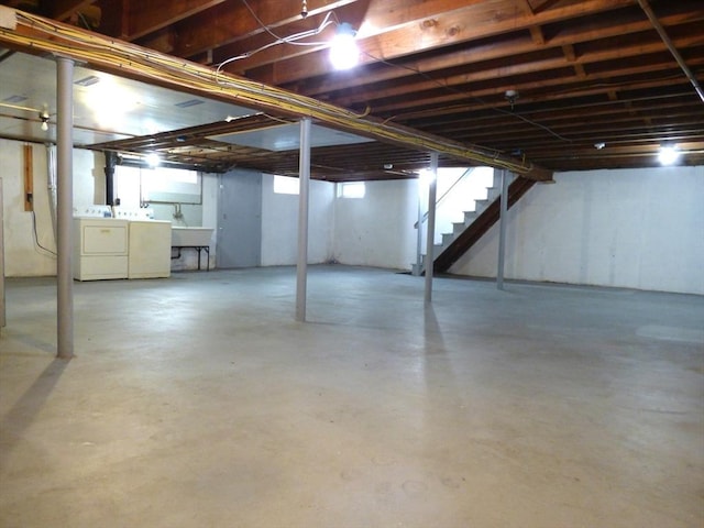 25 Williams St, Ludlow, MA 01056 - unfinished below grade area with independent washer and dryer, stairs, and a sink