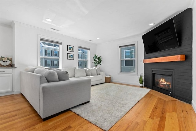 living room with ornamental molding, light wood-type flooring, and a large fireplace