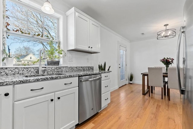 kitchen featuring white cabinetry, dishwasher, pendant lighting, and sink