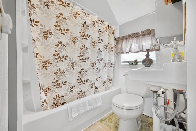 full bathroom with lofted ceiling, sink, shower / tub combo, and toilet