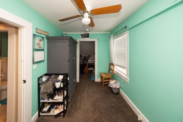 carpeted bedroom with a walk in closet and ceiling fan