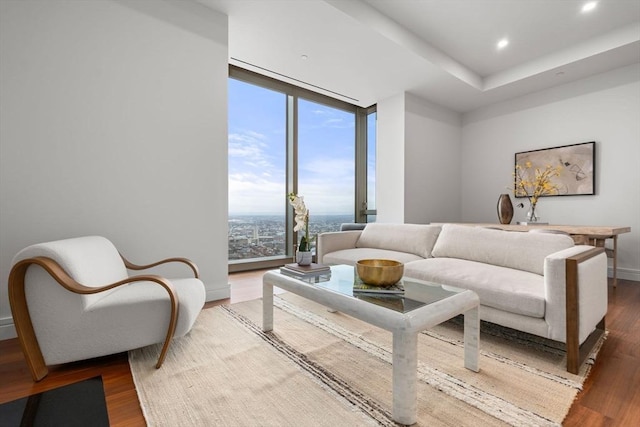 living room with a wall of windows and hardwood / wood-style flooring