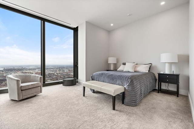 carpeted bedroom with a wall of windows