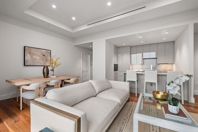 living room featuring a raised ceiling and light hardwood / wood-style flooring