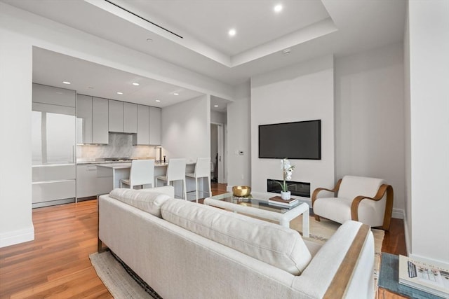 living room featuring light wood-type flooring and a tray ceiling