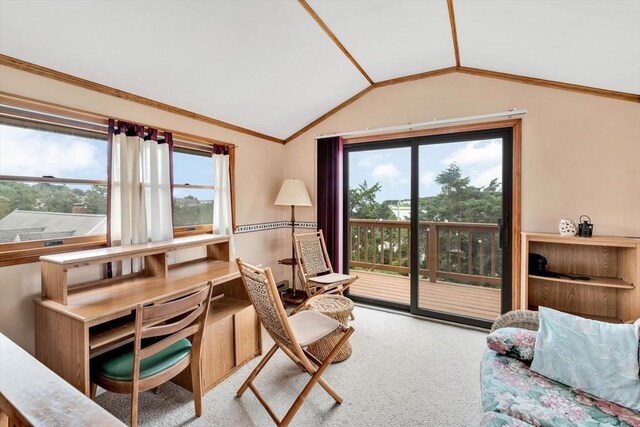 41 Kenwood Rd, Bourne, MA 02559 - carpeted home office with ornamental molding and vaulted ceiling