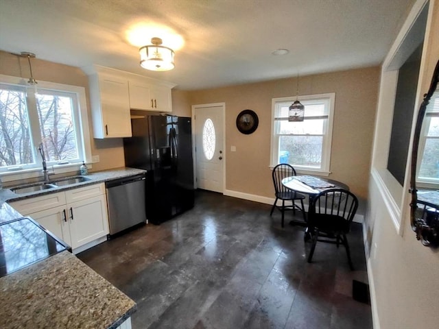 kitchen with dishwasher, white cabinets, decorative light fixtures, and black fridge with ice dispenser