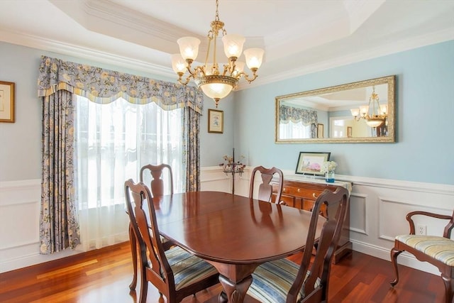 32 Erins Way, Holden, MA 01520 - dining space featuring a chandelier, a raised ceiling, wood finished floors, ornamental molding, and a wainscoted wall