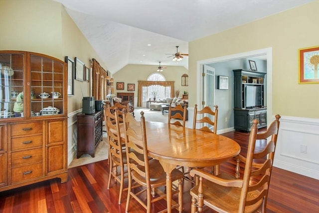 32 Erins Way, Holden, MA 01520 - dining space featuring ceiling fan, dark wood-type flooring, lofted ceiling, and wainscoting