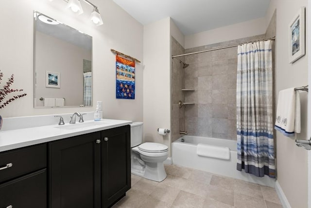 bathroom with toilet, shower / bath combo, vanity, and baseboards