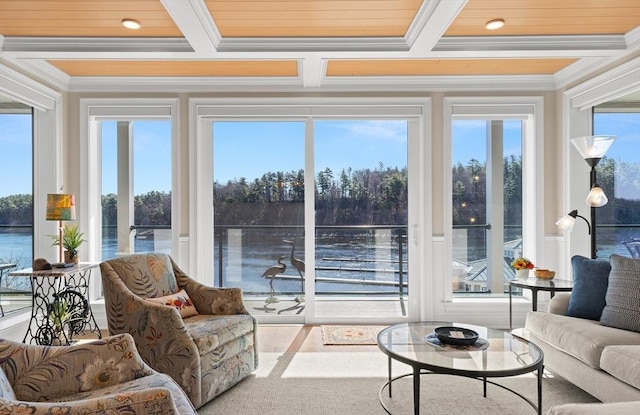 sunroom with beam ceiling and coffered ceiling