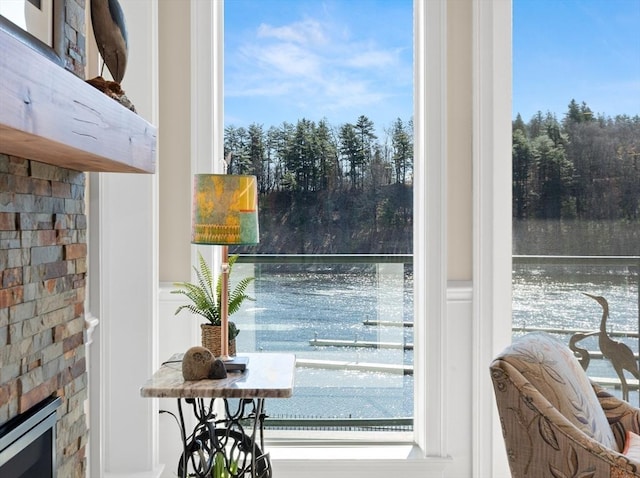 entryway featuring a wealth of natural light and a fireplace