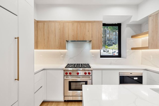 kitchen with backsplash, light hardwood / wood-style floors, light stone counters, white cabinetry, and premium stove