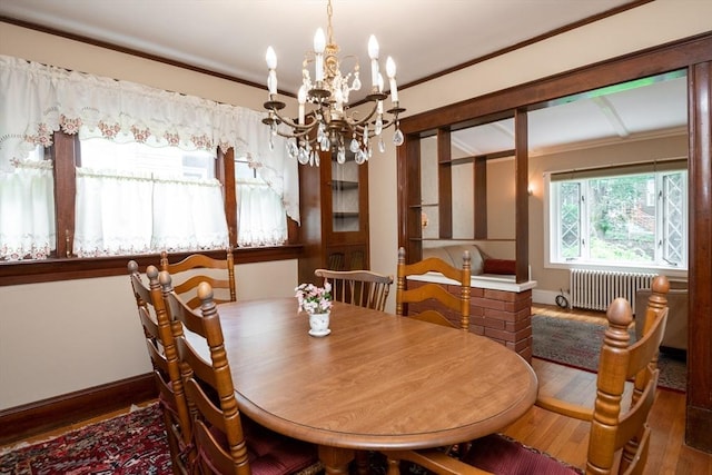 47 Ronald Rd, Arlington, MA 02474 - dining space featuring radiator, a chandelier, wood finished floors, ornamental molding, and baseboards