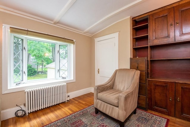 47 Ronald Rd, Arlington, MA 02474 - sitting room featuring radiator heating unit, light wood-type flooring, baseboards, lofted ceiling, and ornamental molding