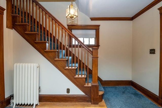47 Ronald Rd, Arlington, MA 02474 - staircase with radiator, baseboards, ornamental molding, and wood finished floors