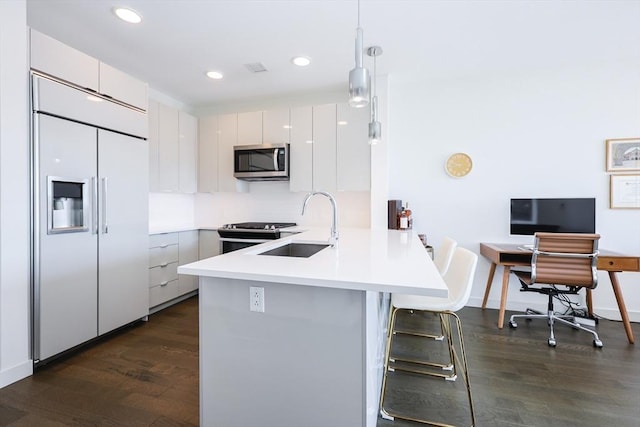 65 Lewis St Unit Ph03, Boston, MA 02128 - kitchen featuring a sink, dark wood-style floors, a peninsula, and stainless steel appliances