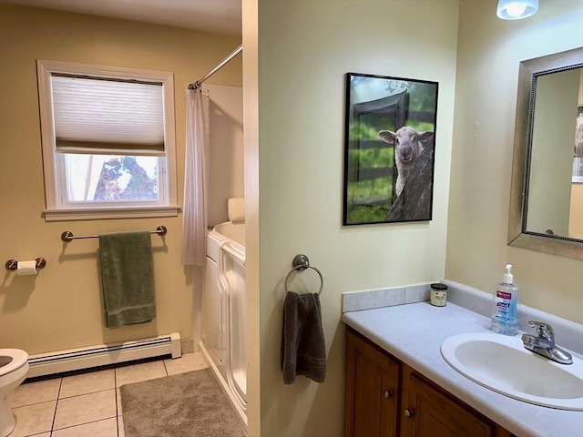 full bath with curtained shower, toilet, a baseboard heating unit, vanity, and tile patterned flooring