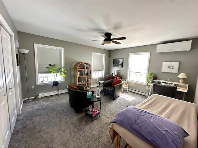 interior space featuring a ceiling fan, a baseboard heating unit, carpet flooring, and a wall mounted AC