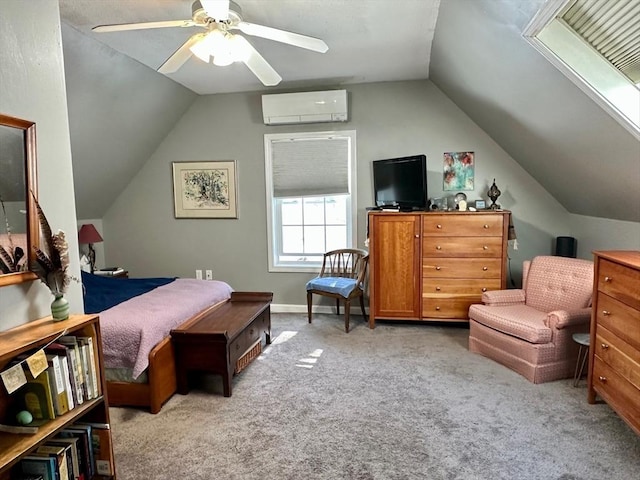 bedroom featuring ceiling fan, a wall mounted AC, carpet flooring, and lofted ceiling