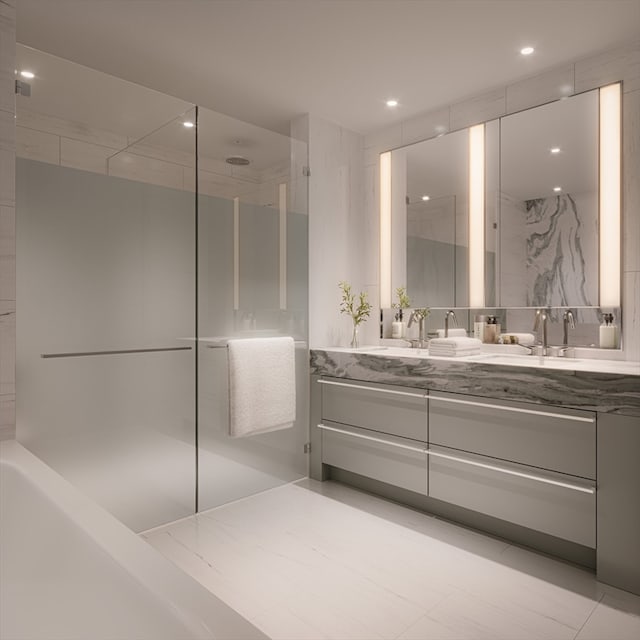 bathroom with vanity, a shower, and tile patterned flooring