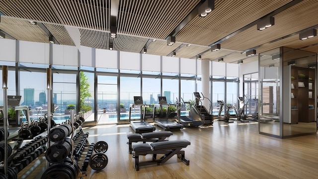 gym with a healthy amount of sunlight, a towering ceiling, light hardwood / wood-style floors, and floor to ceiling windows