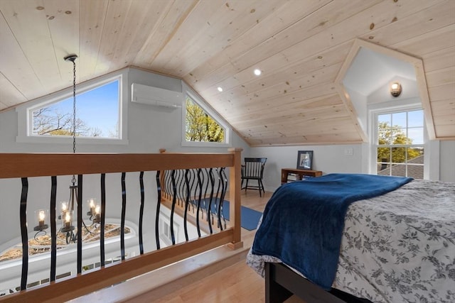 bedroom featuring wood ceiling, lofted ceiling, wood finished floors, and multiple windows