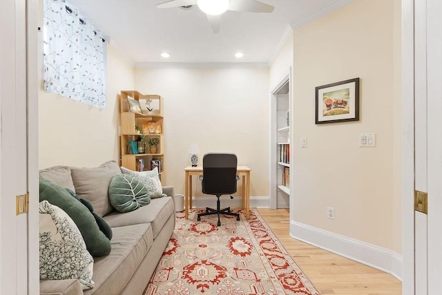 office with recessed lighting, a ceiling fan, baseboards, light wood finished floors, and crown molding