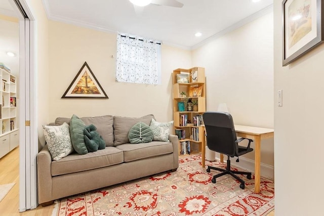 office featuring ornamental molding, recessed lighting, baseboards, and wood finished floors