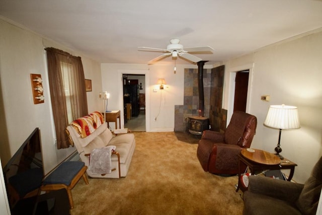 66-R Beach St, Warren, RI 02885 - carpeted living area featuring a wood stove and a ceiling fan
