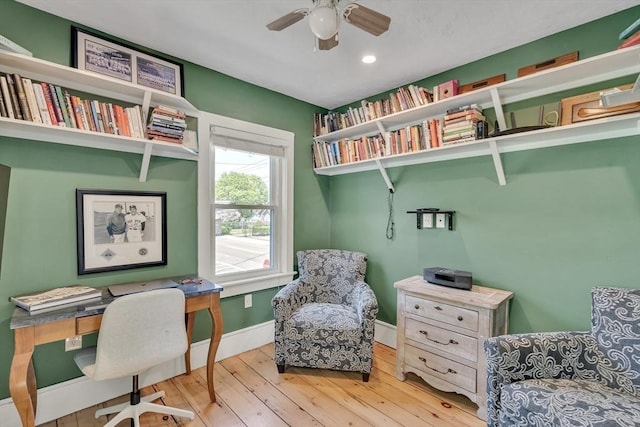 home office featuring baseboards, a ceiling fan, hardwood / wood-style floors, and recessed lighting