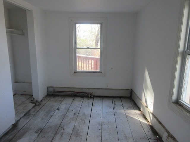 unfurnished bedroom featuring light wood-type flooring, a closet, and multiple windows