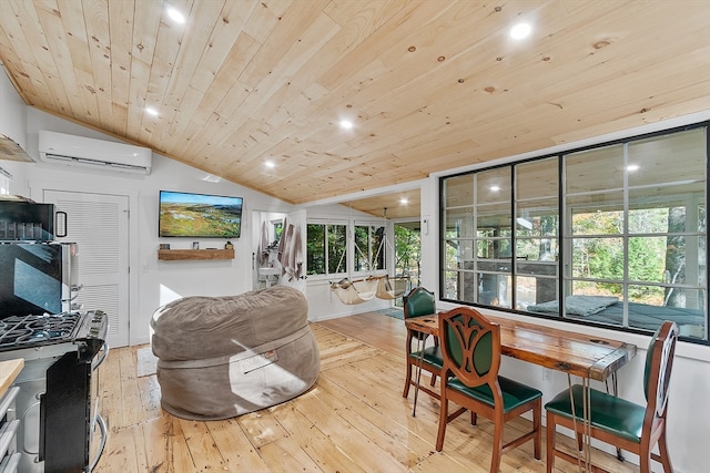 living room featuring a wall unit AC, wood ceiling, lofted ceiling, and light wood-type flooring